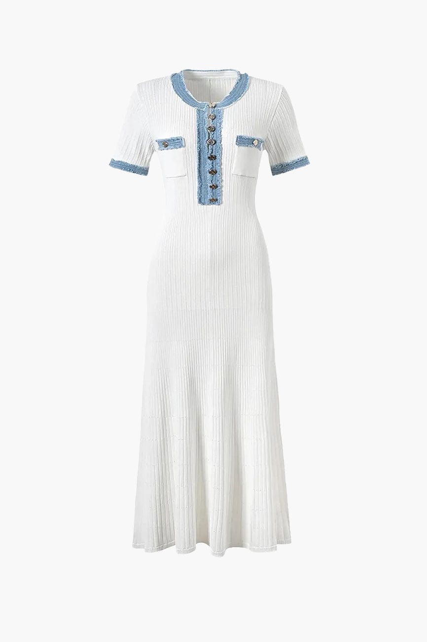 Moon 45 White / S Denim Contrast Patchwork Knit Midi Dress