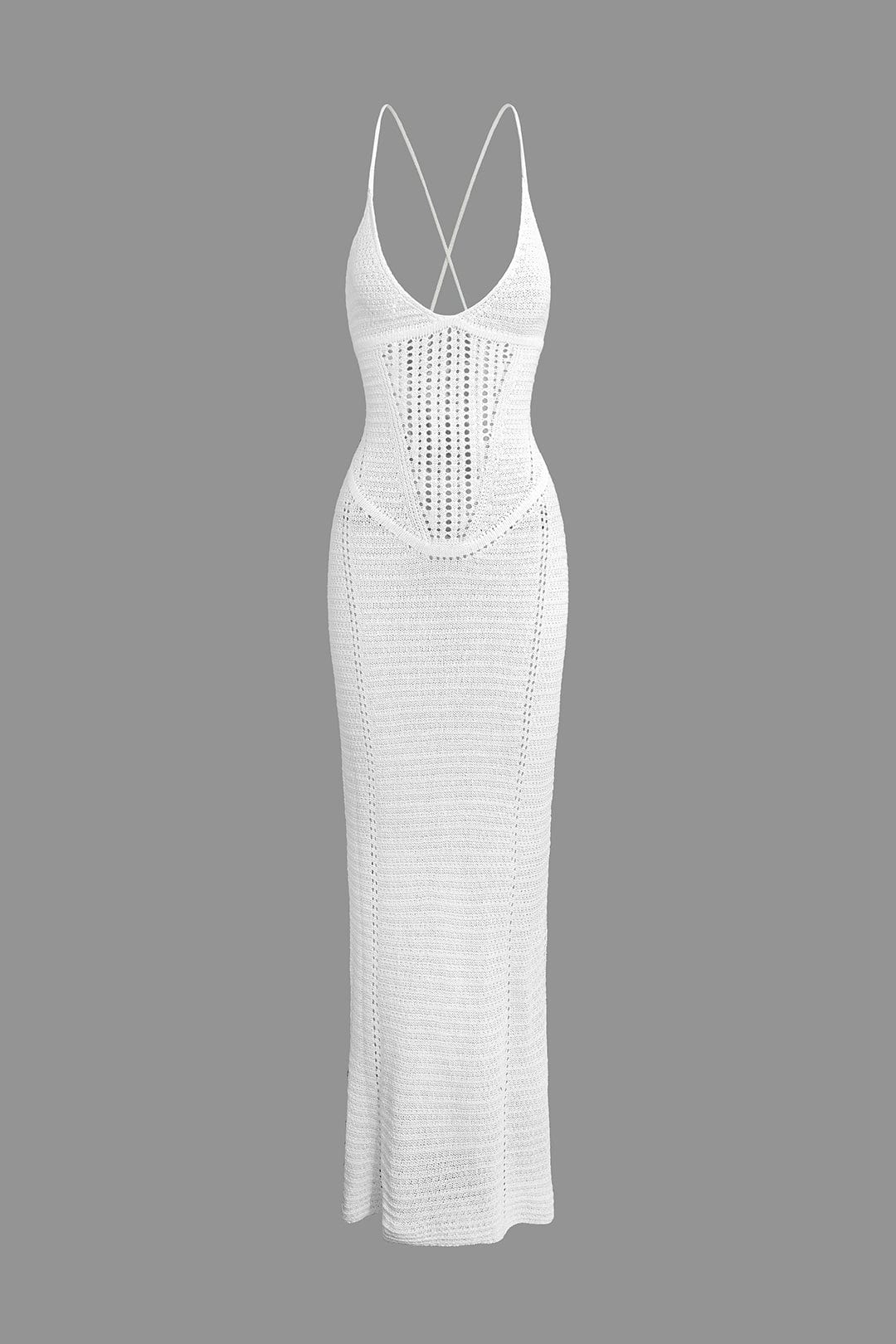 Moon 45 WHITE / XS Lace Up Backless V-Neck Hollow Out Knit Dress