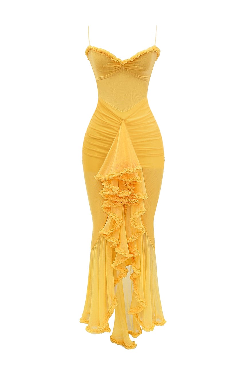 Moon 45 Yellow / XS Stretch Mesh Ruffle Ruched Slit Maxi Dress