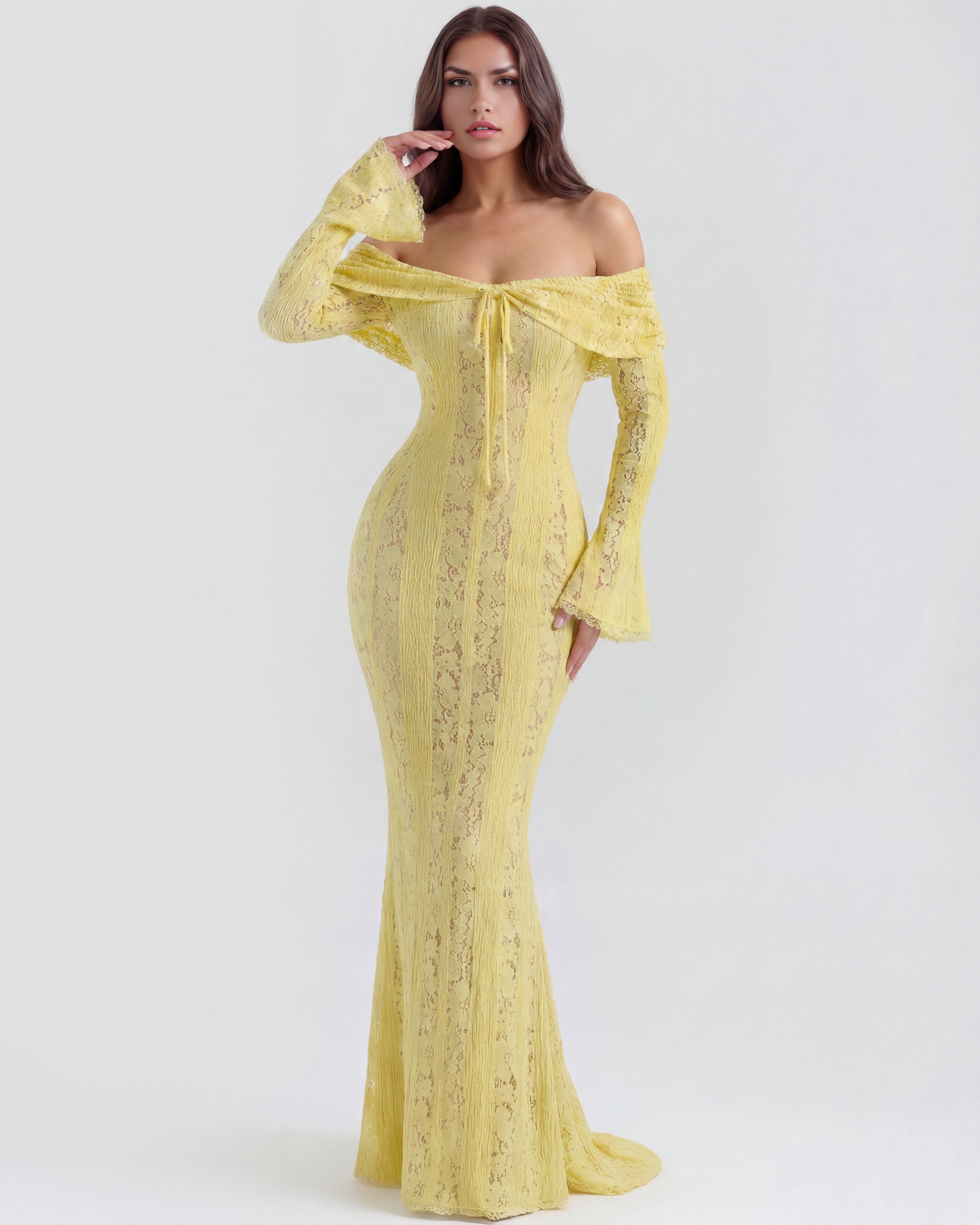 Olivia - Black White Red Yellow Yellow Lace Maxi Dress with Off-Shoulder Neckline & Sweeping Godet