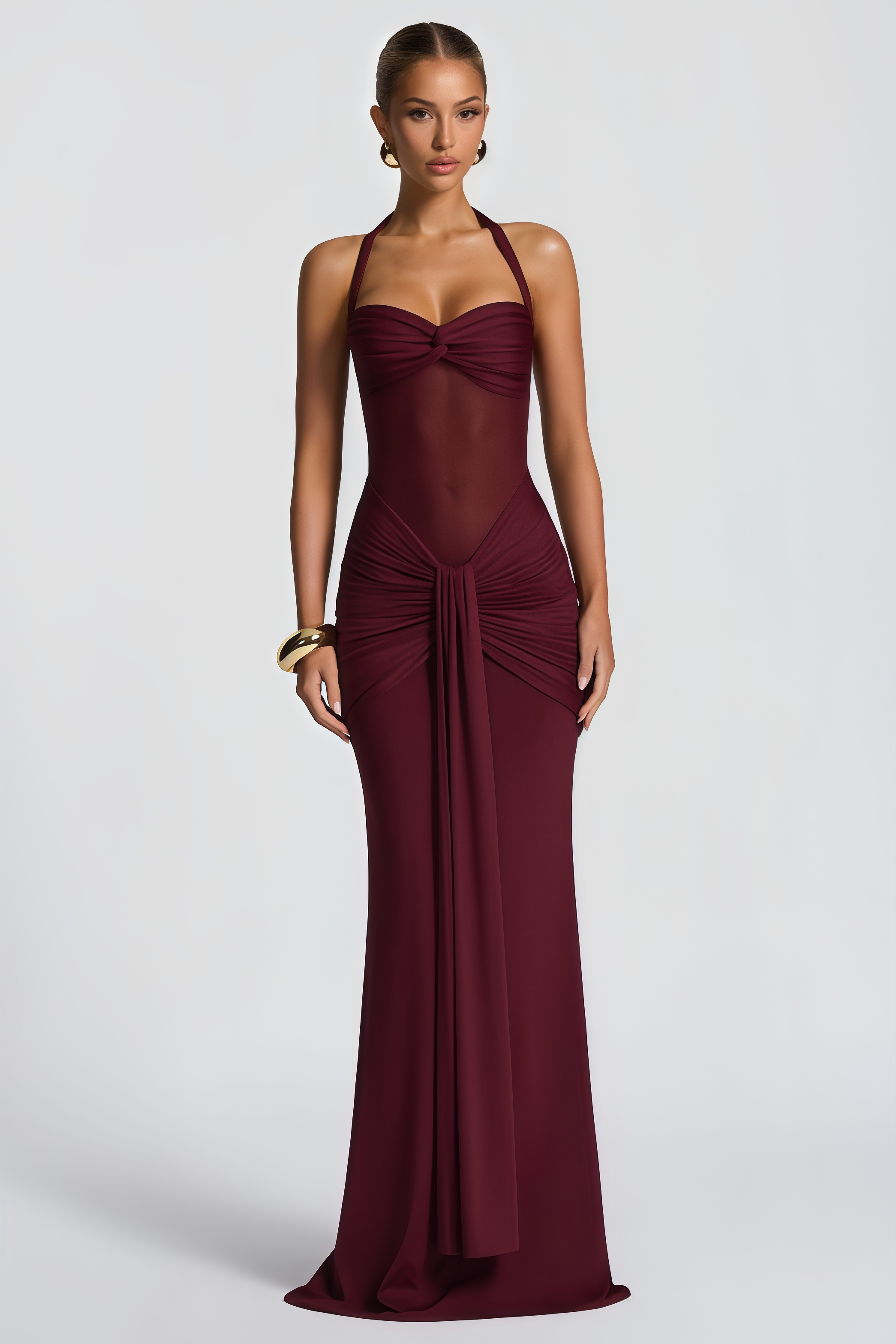 Esme - Amandine Burgundy Halterneck Gathered Maxi Dress