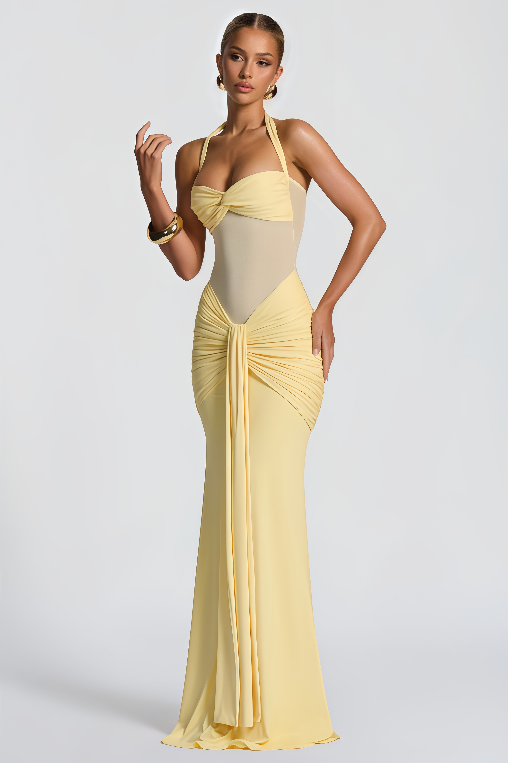 Isolde - Amandine Yellow Halterneck Gathered Maxi Dress