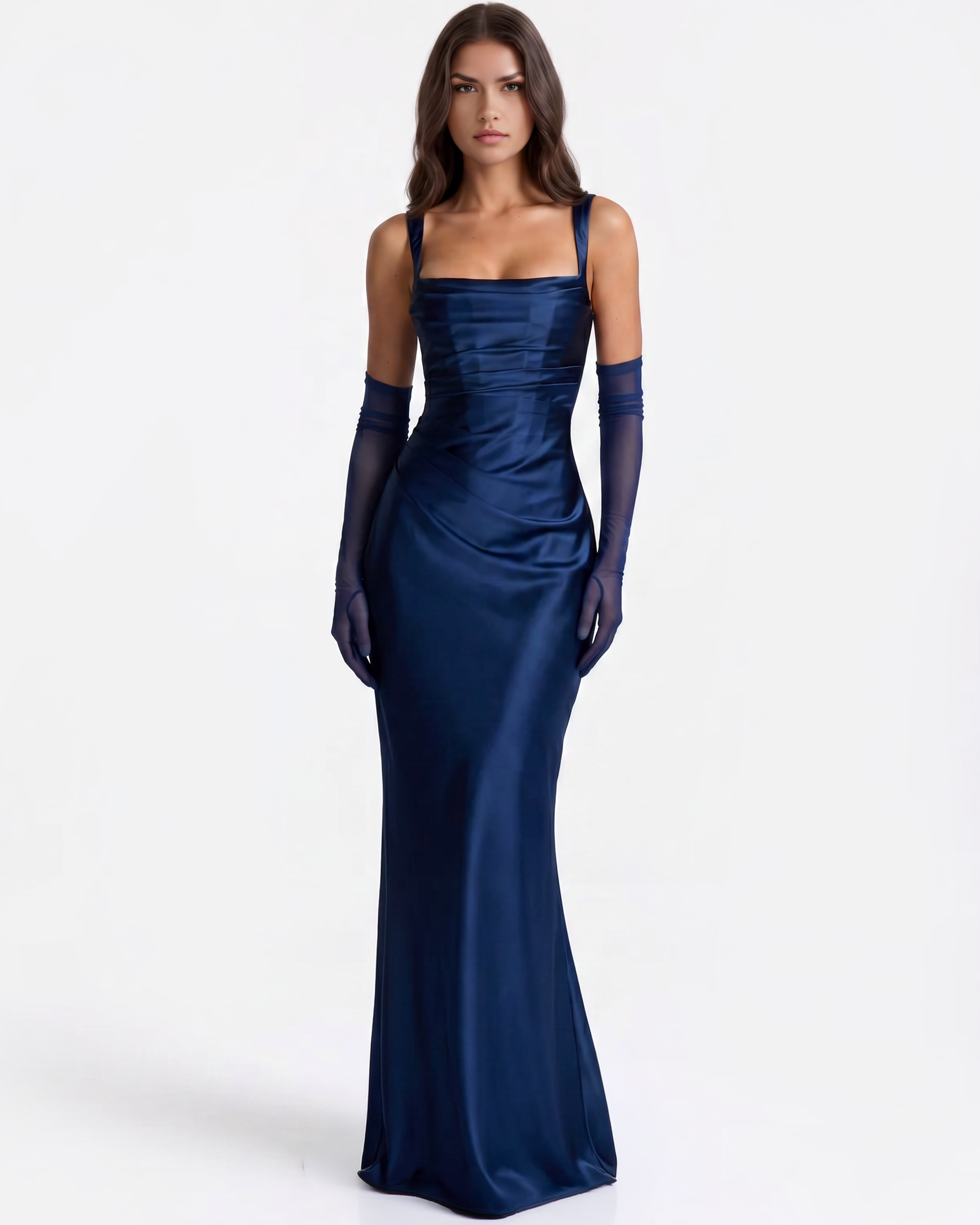 Victoria - Navy satin maxi dress with a corset bodice and lace-up back.
