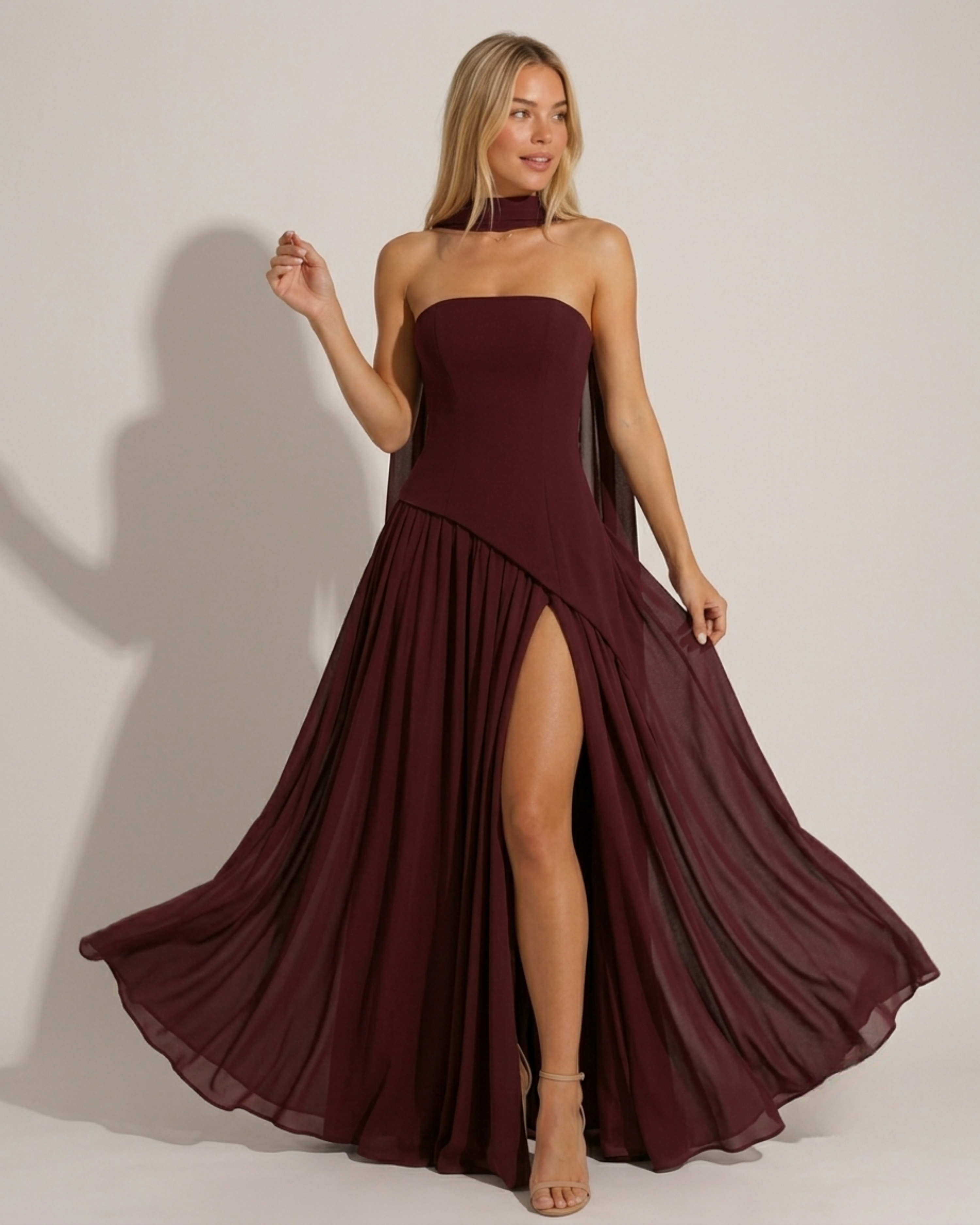 Leah - Burgundy Maxi Dress with Sculpted Bodice and Flowing Chiffon Skirt