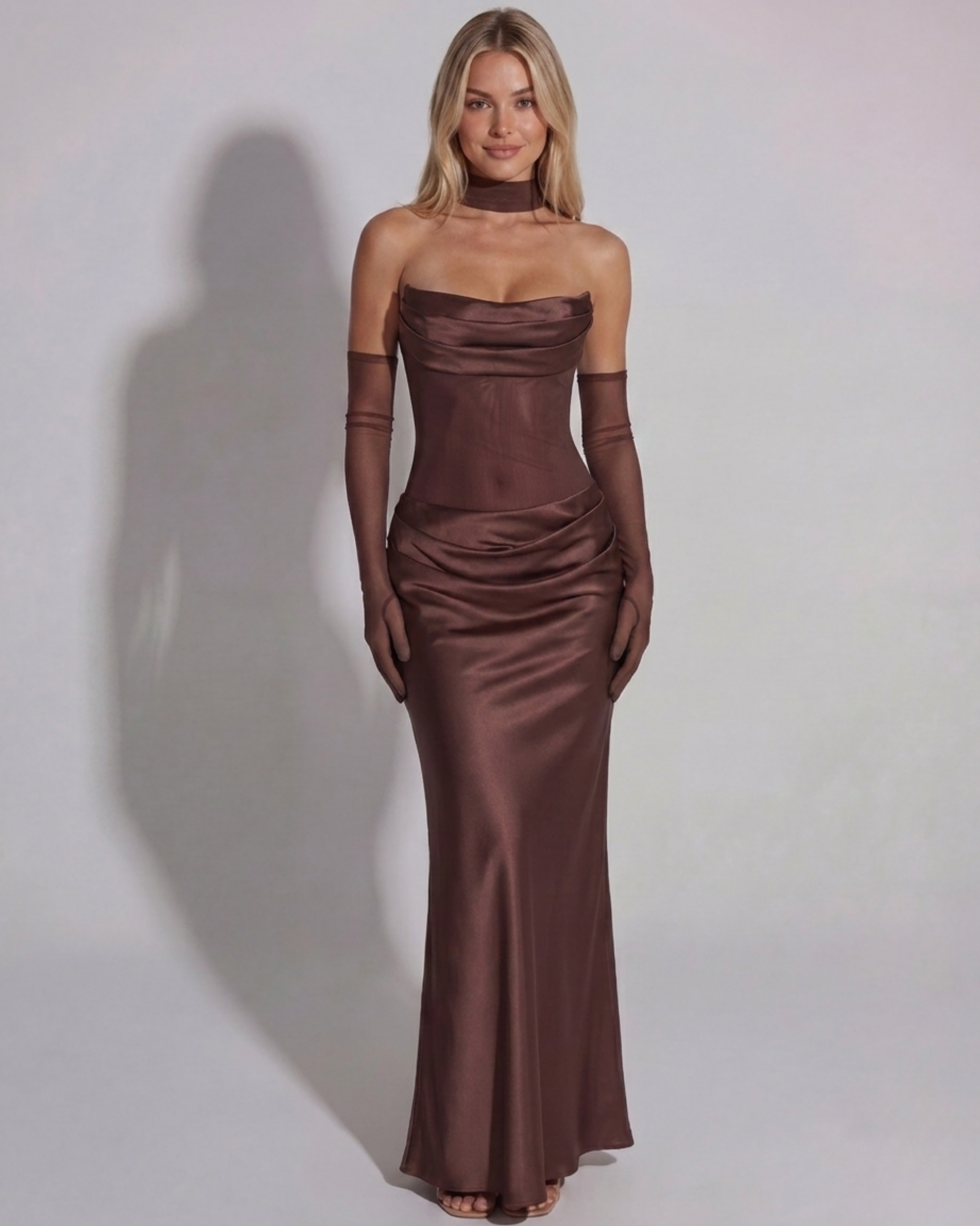 Hannah - Sculpted Satin Maxi with Asymmetric Bias Cut and Scarf