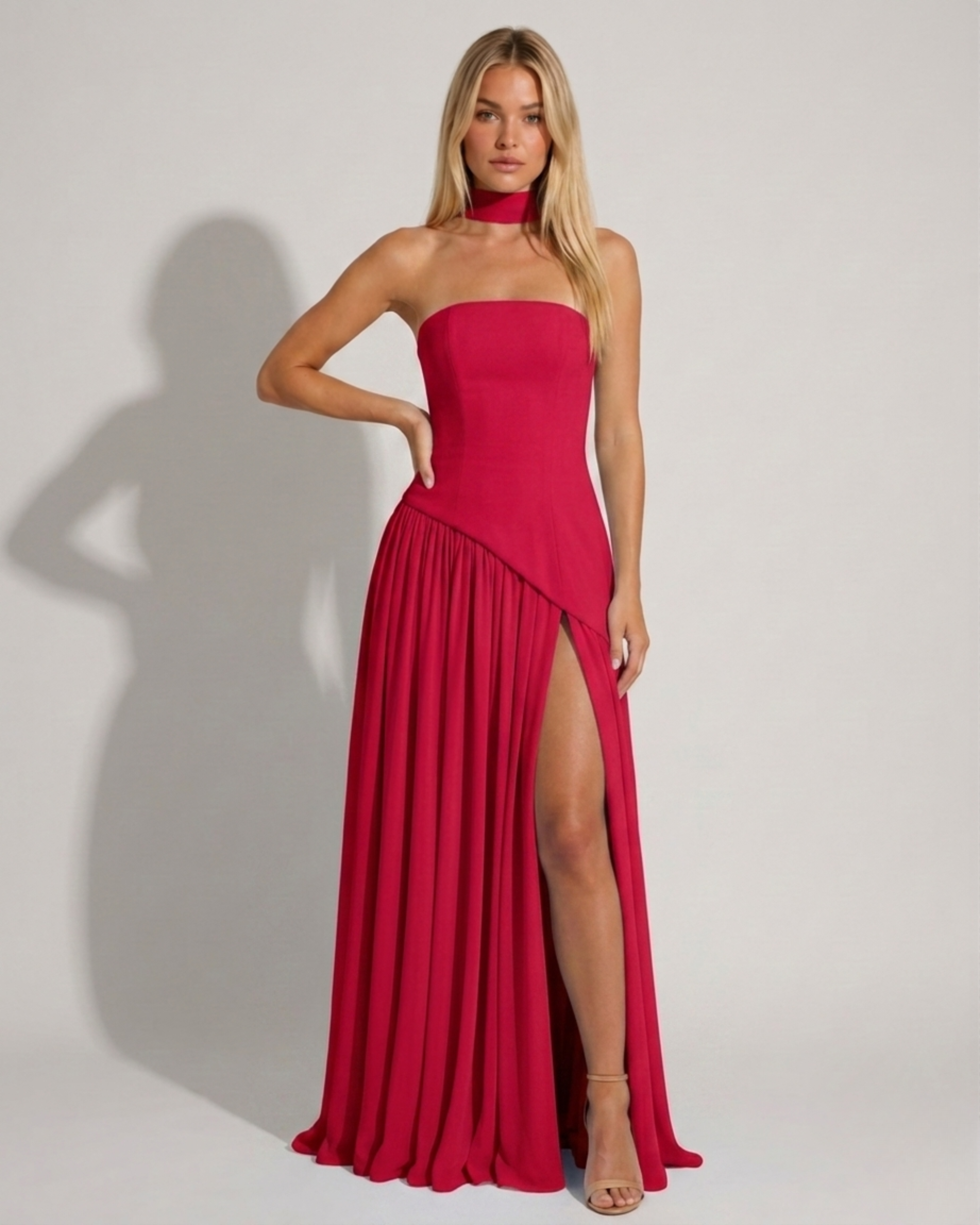 Sadie - Red Maxi Dress with Sculpted Bodice and Flowing Chiffon Skirt