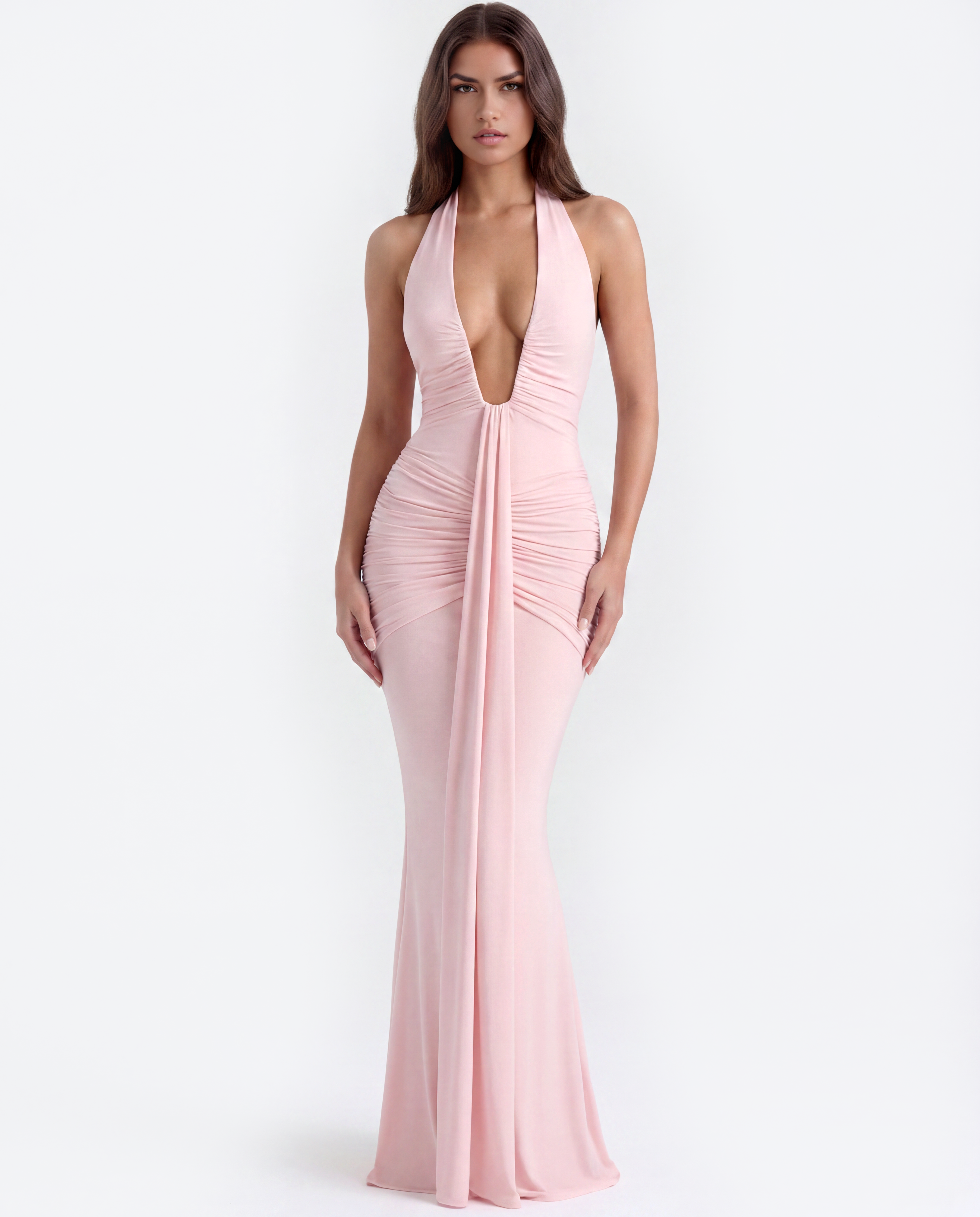 Ava - Pink Maxi Dress with Plunging Halter Neckline & U-Wire Detail