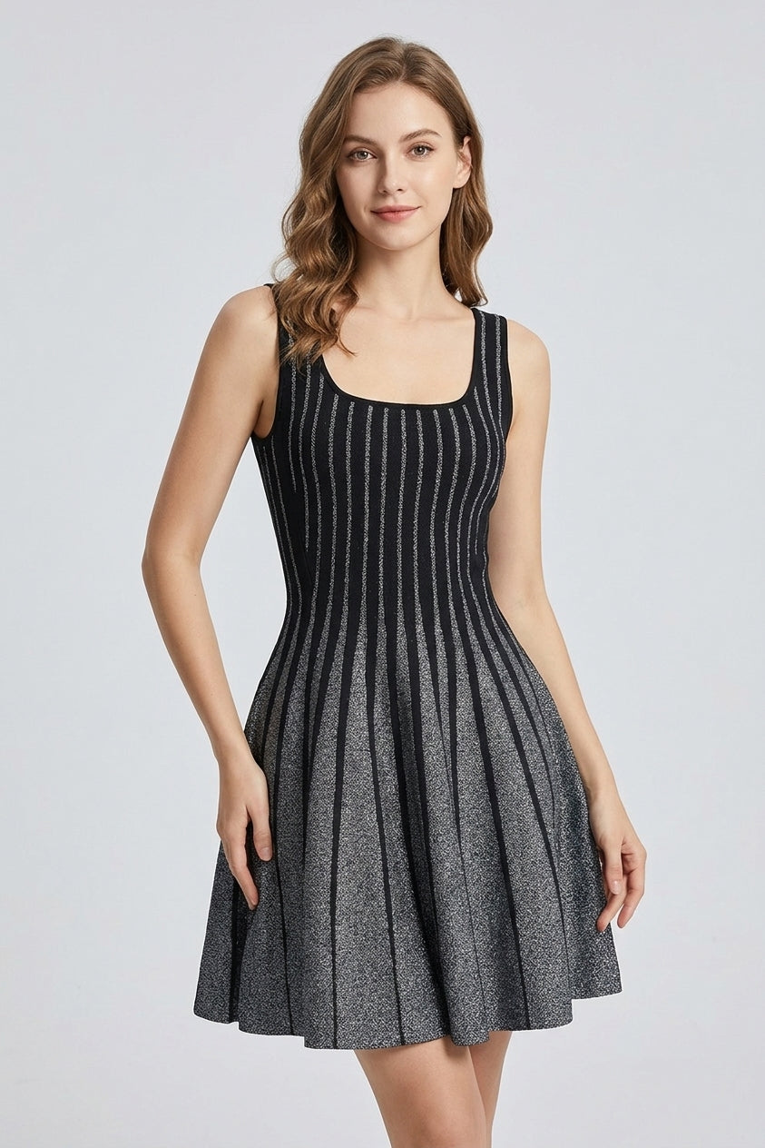 Vertical Striped Knit Waist-Cinching Mini Dress