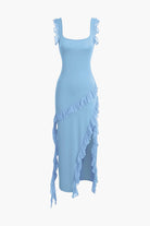 Moon 45 BABY BLUE / XS Ruffle Trim Square Neck Slit Sleeveless Maxi Dress