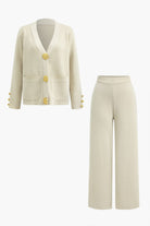 Moon 45 BEIGE / S Button Detail Knit Cardigan And Wide-Leg Pants Set