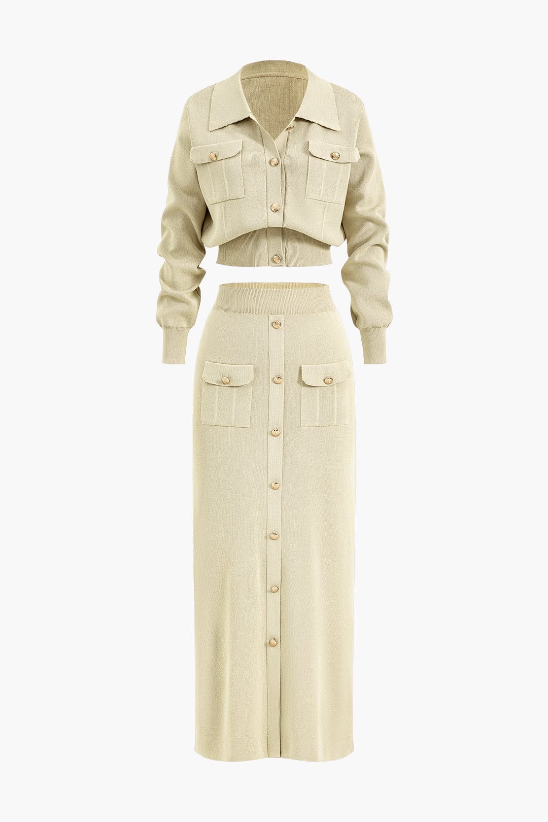 Moon 45 BEIGE / S Cropped Button-Up Knit Top And Maxi Skirt