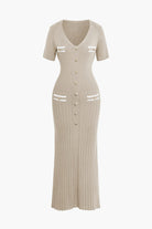 Moon 45 BEIGE / S Ribbed Knit V-neck Midi Dress