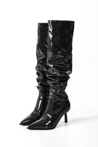 Moon 45 Black / 37 Faux Leather Ruched Pointed Toe Knee High Boots