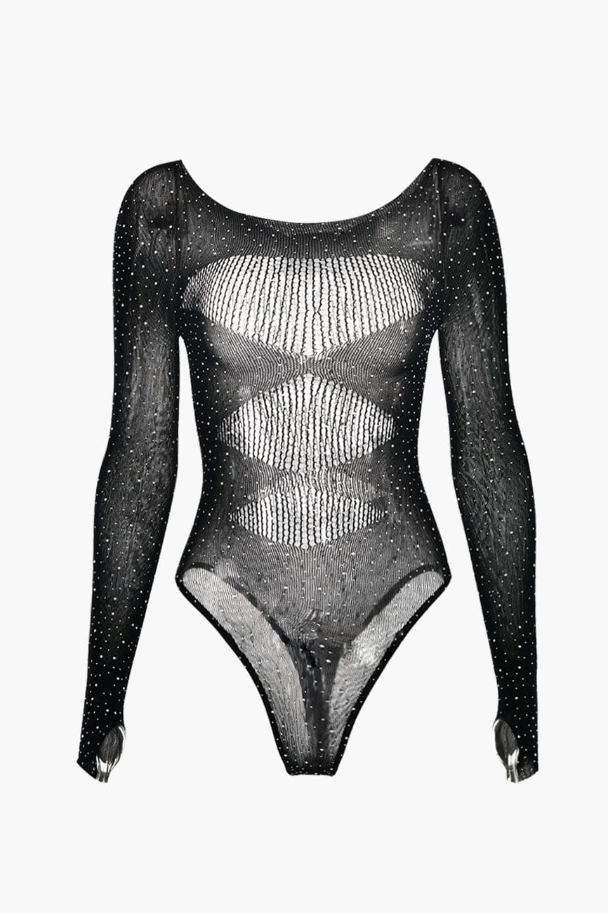Moon 45 Black / One Size Long-Sleeve Hollow-Out Rhinestone Bodysuit