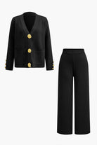 Moon 45 Black / S Button Detail Knit Cardigan And Wide-Leg Pants Set