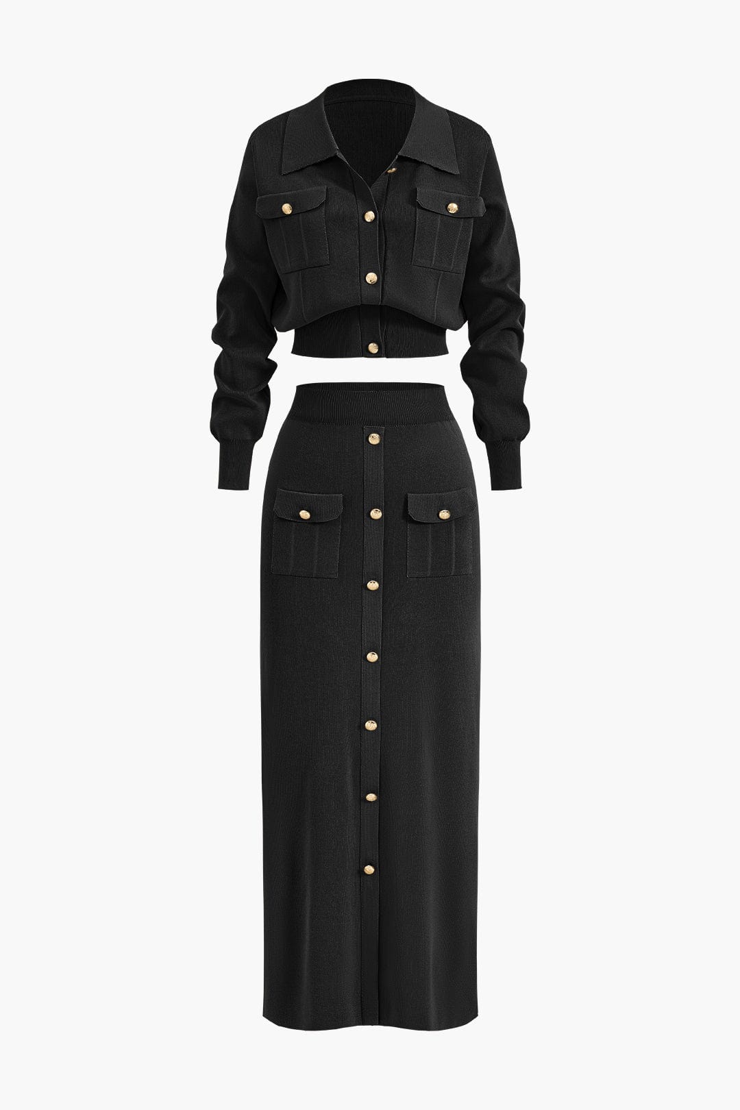 Moon 45 Black / S Cropped Button-Up Knit Top And Maxi Skirt