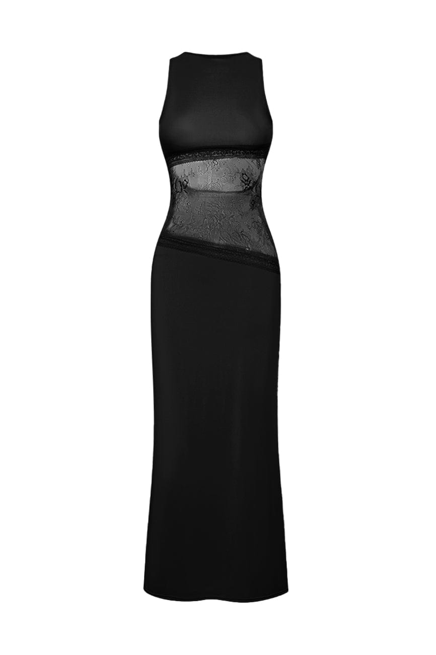 Moon 45 Black / S Elegant Sheer Maxi Dress with Frosted Lace
