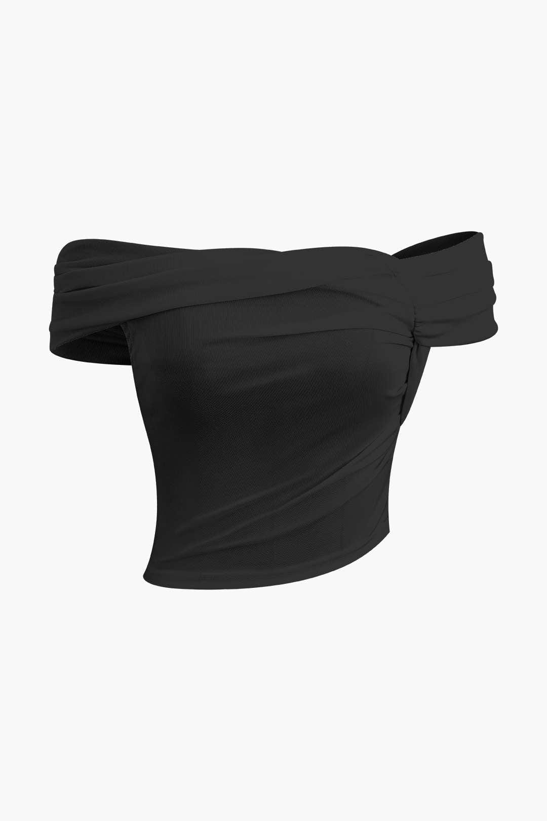 Moon 45 BLACK / S Off Shoulder Asymmetric Short Sleeve Blouse