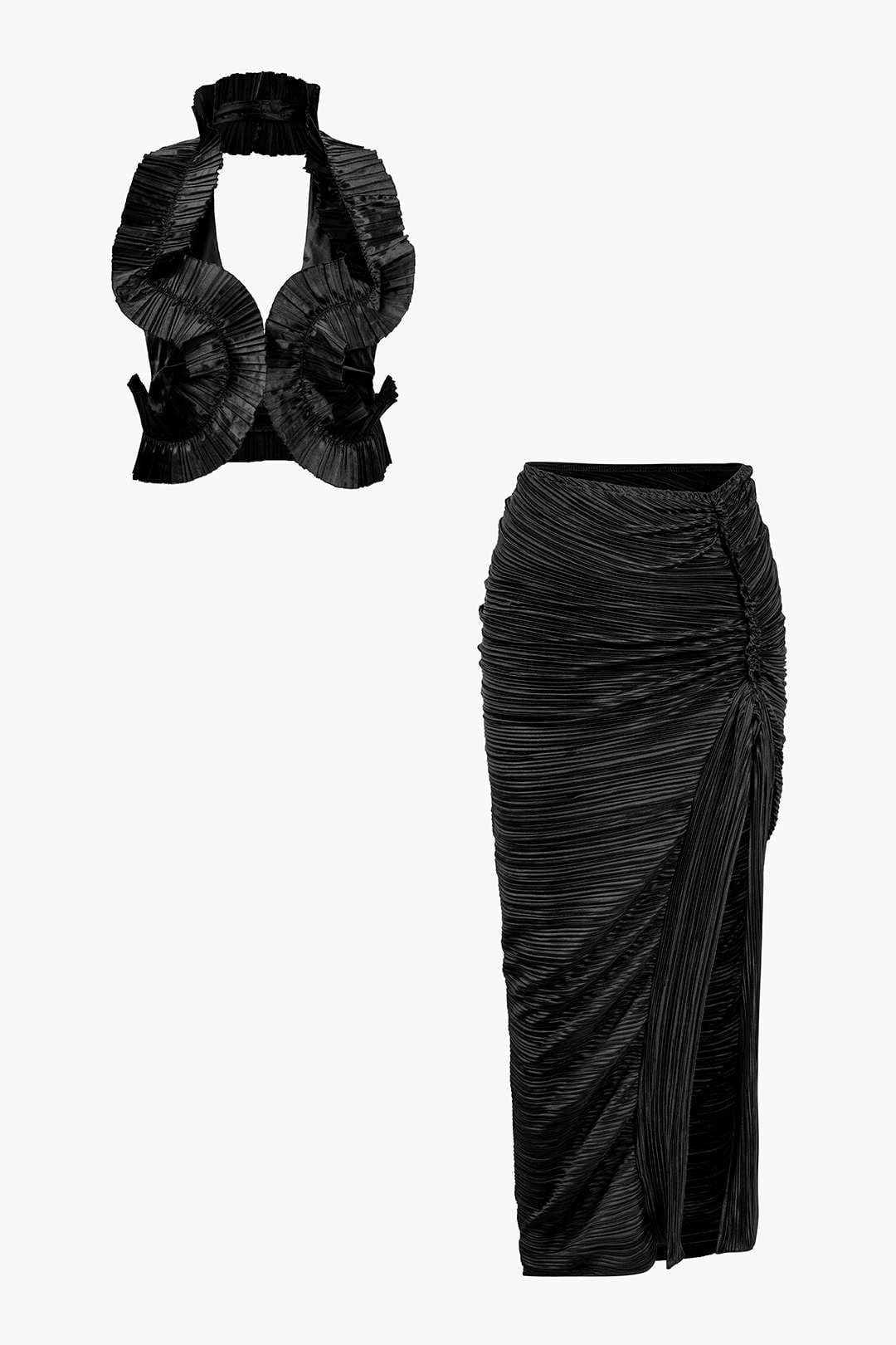 Moon 45 BLACK / S Pleated Halter Midi Skirt Set