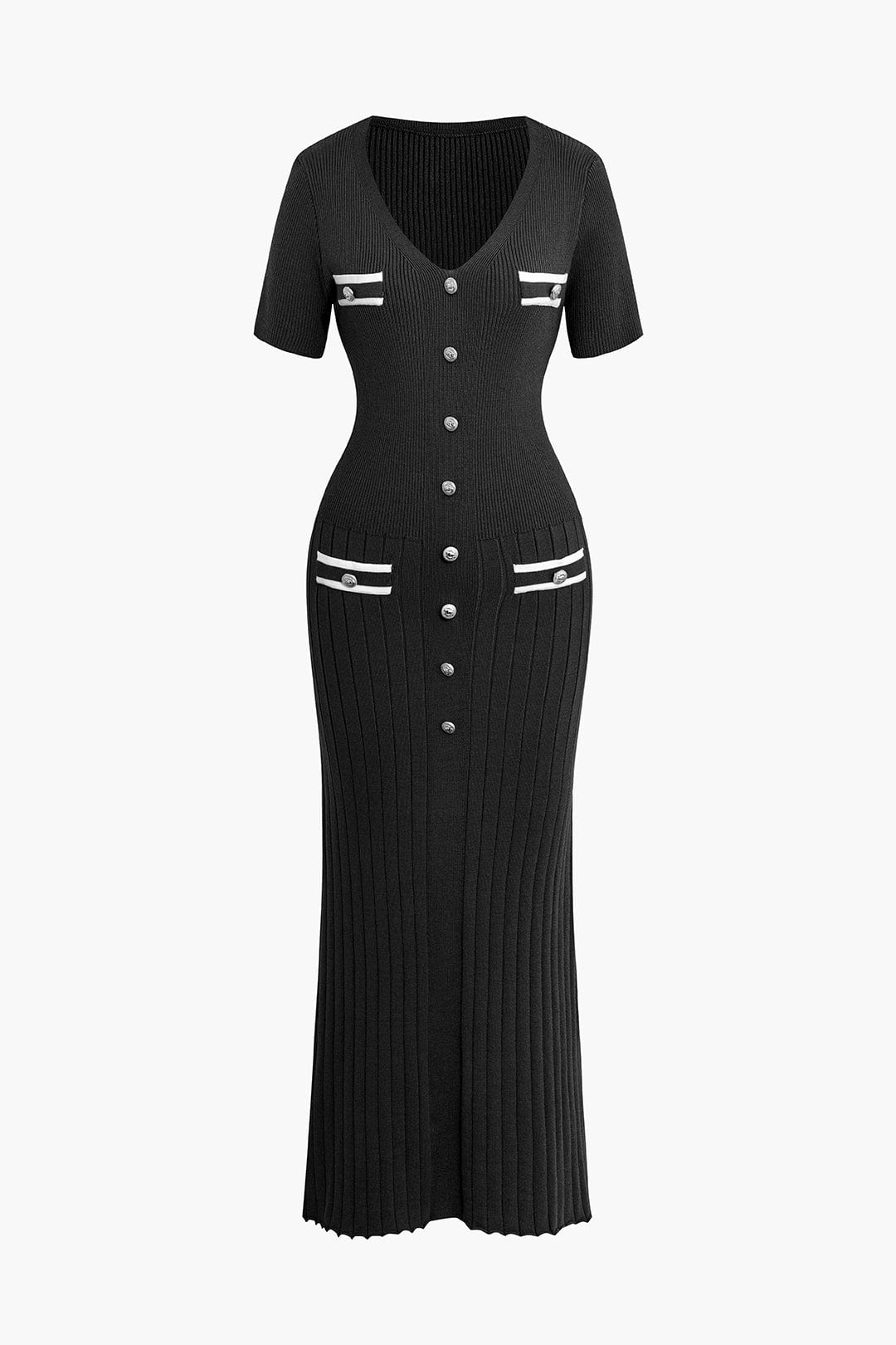 Moon 45 BLACK / S Ribbed Knit V-neck Midi Dress