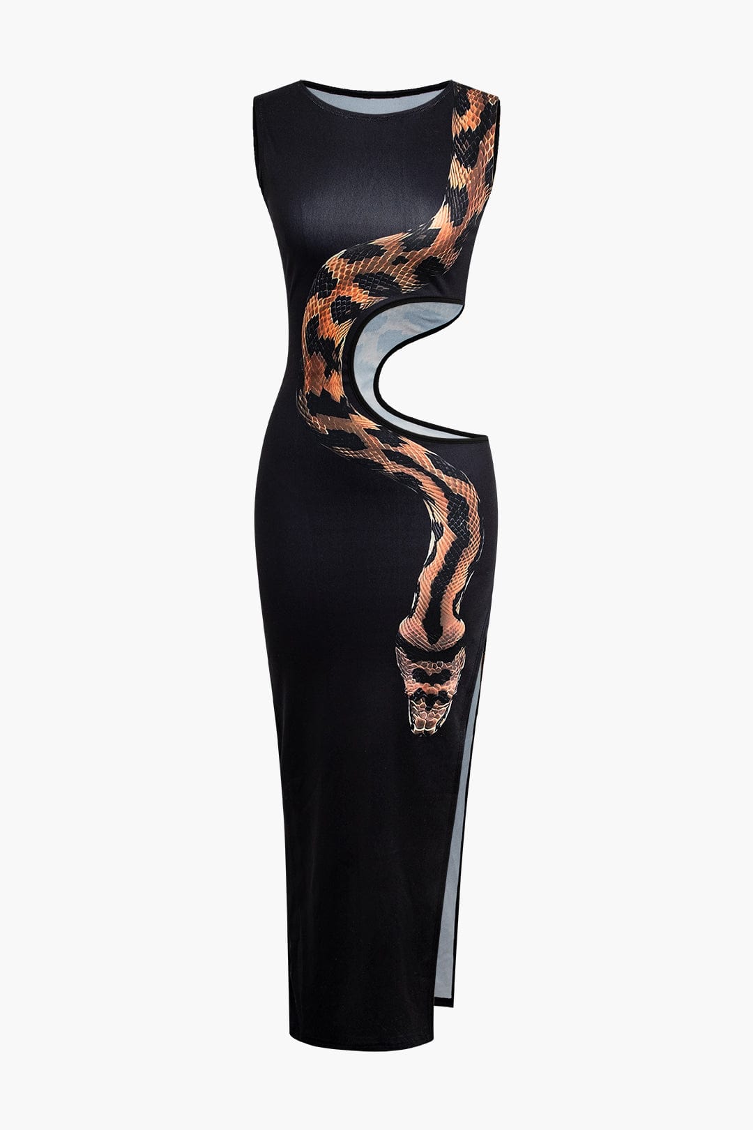 Moon 45 BLACK / S Snake Print Cut Out Sleeveless Slit Maxi Dress