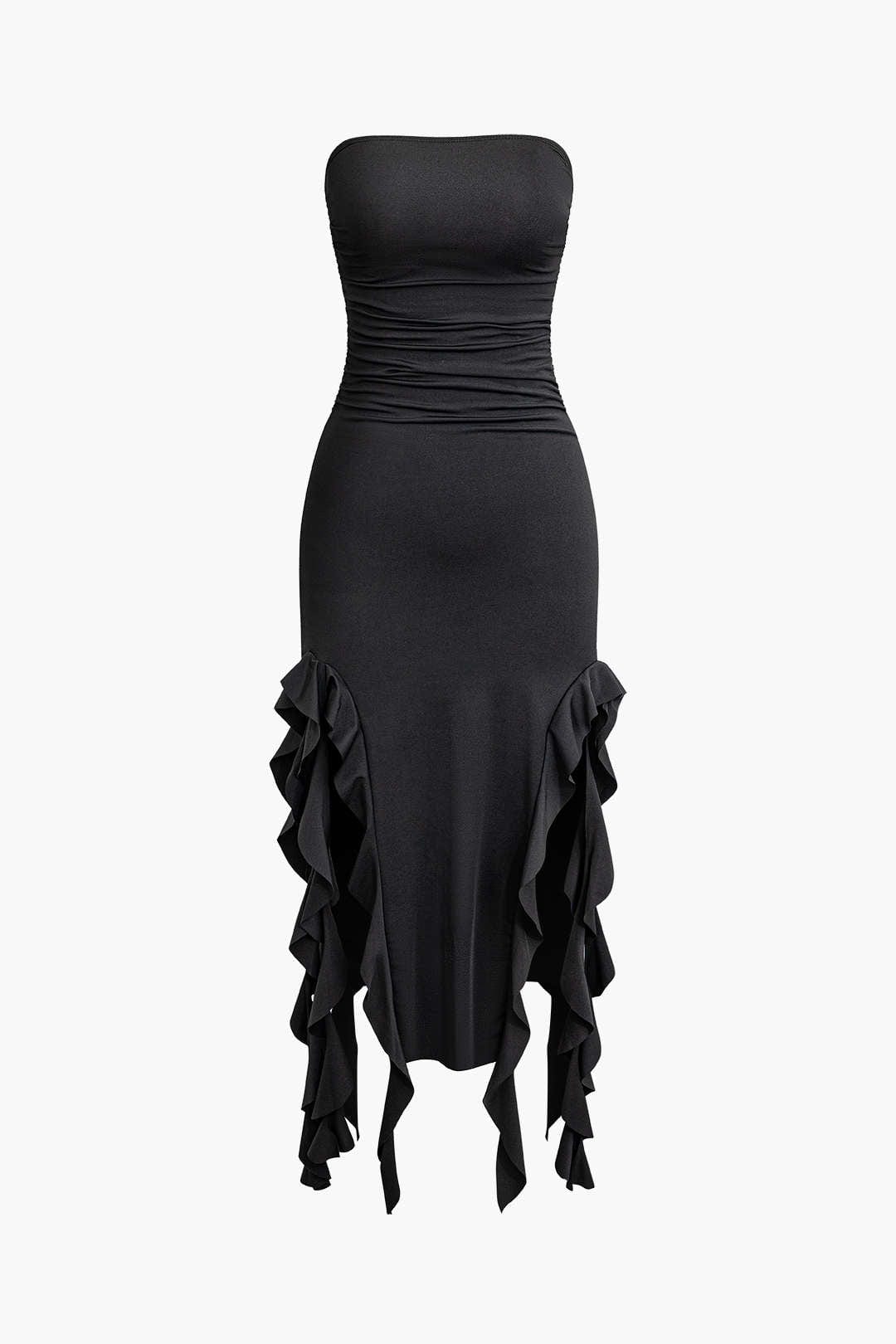 Moon 45 BLACK / S Solid Ruffle Hem Ruched Tube Maxi Dress