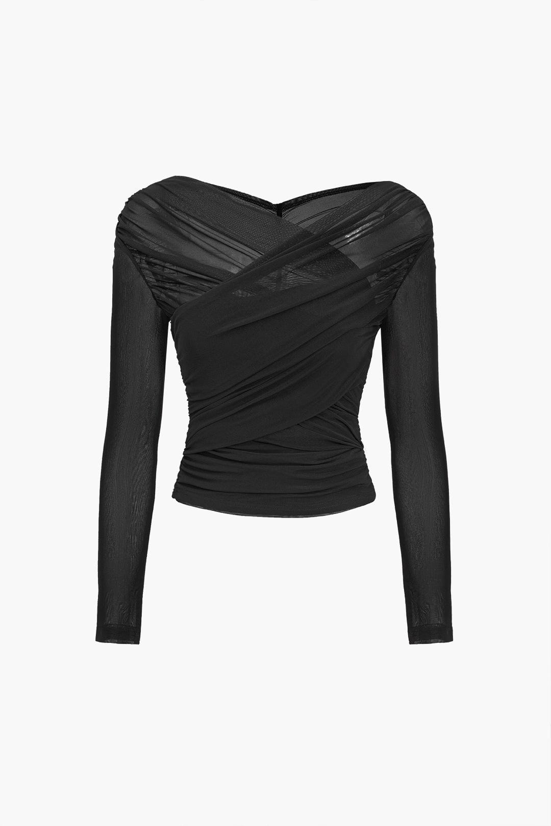 Moon 45 Black / S Solid Sheer Mesh Ruched Long-Sleeve Top