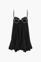 Moon 45 BLACK / S V-neck Rhinestone Decor Mini Dress