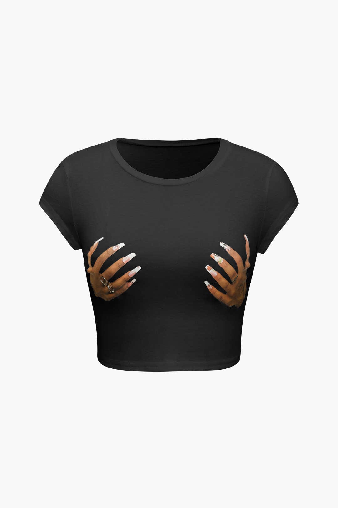 Moon 45 BLACK / XS Hands Print Round Neck Crop T-shirt