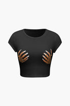 Moon 45 BLACK / XS Hands Print Round Neck Crop T-shirt