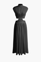 Moon 45 BLACK / XS Mock Neck Cut Out Pleated Maxi Dress