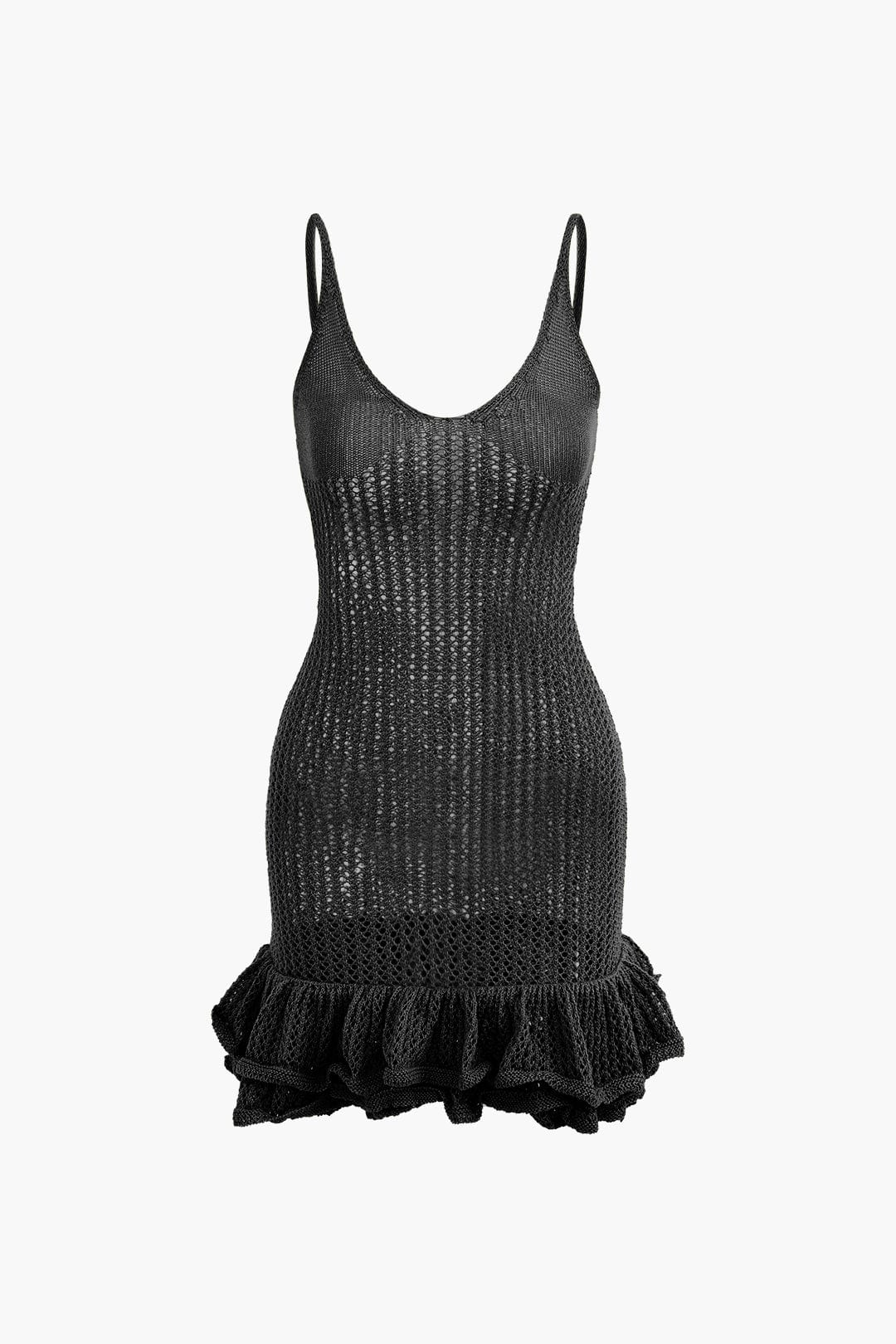 Moon 45 BLACK / XS Open Knit Ruffle Hem Cami Mini Dress