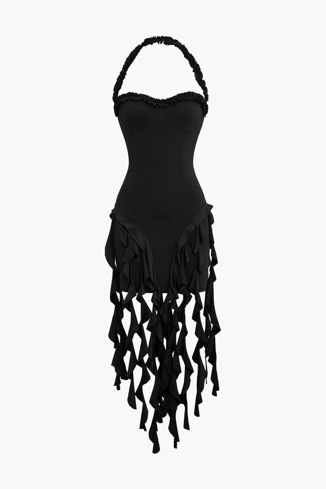 Moon 45 BLACK / XS Ruffle Tassel Halter Bustier Mini Dress