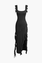 Moon 45 BLACK / XS Ruffle Trim Square Neck Slit Sleeveless Maxi Dress