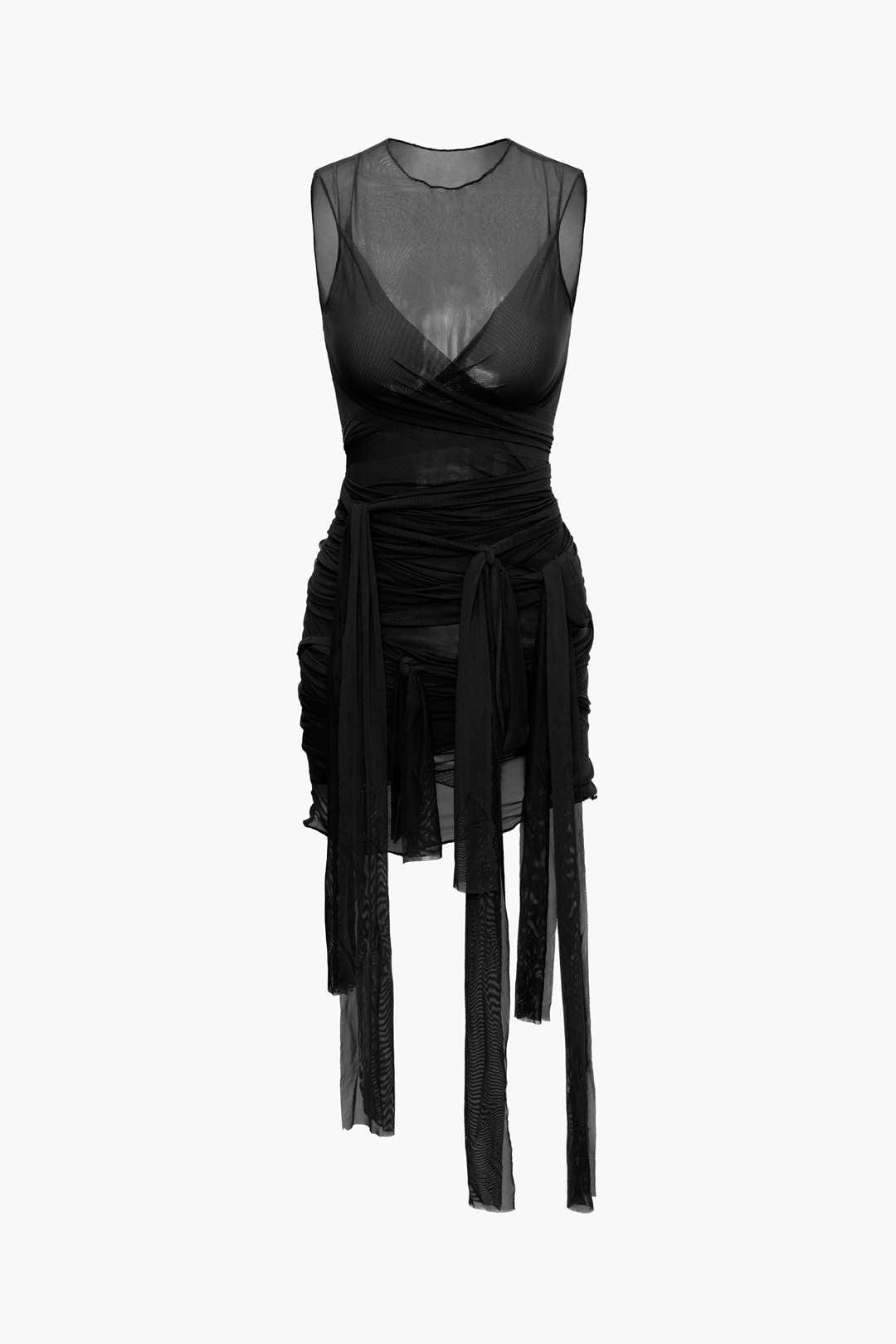 Moon 45 BLACK / XS Sheer Mesh Wrap Tie Ribbon Mini Dress