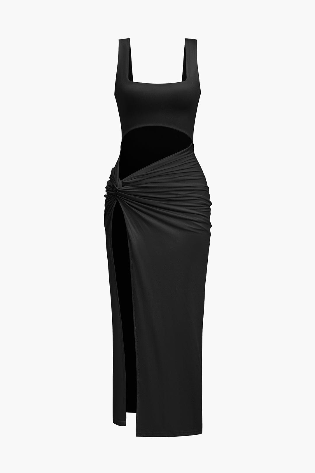 Moon 45 BLACK / XS Solid Twist Front Cut Out Slit Midi Dress