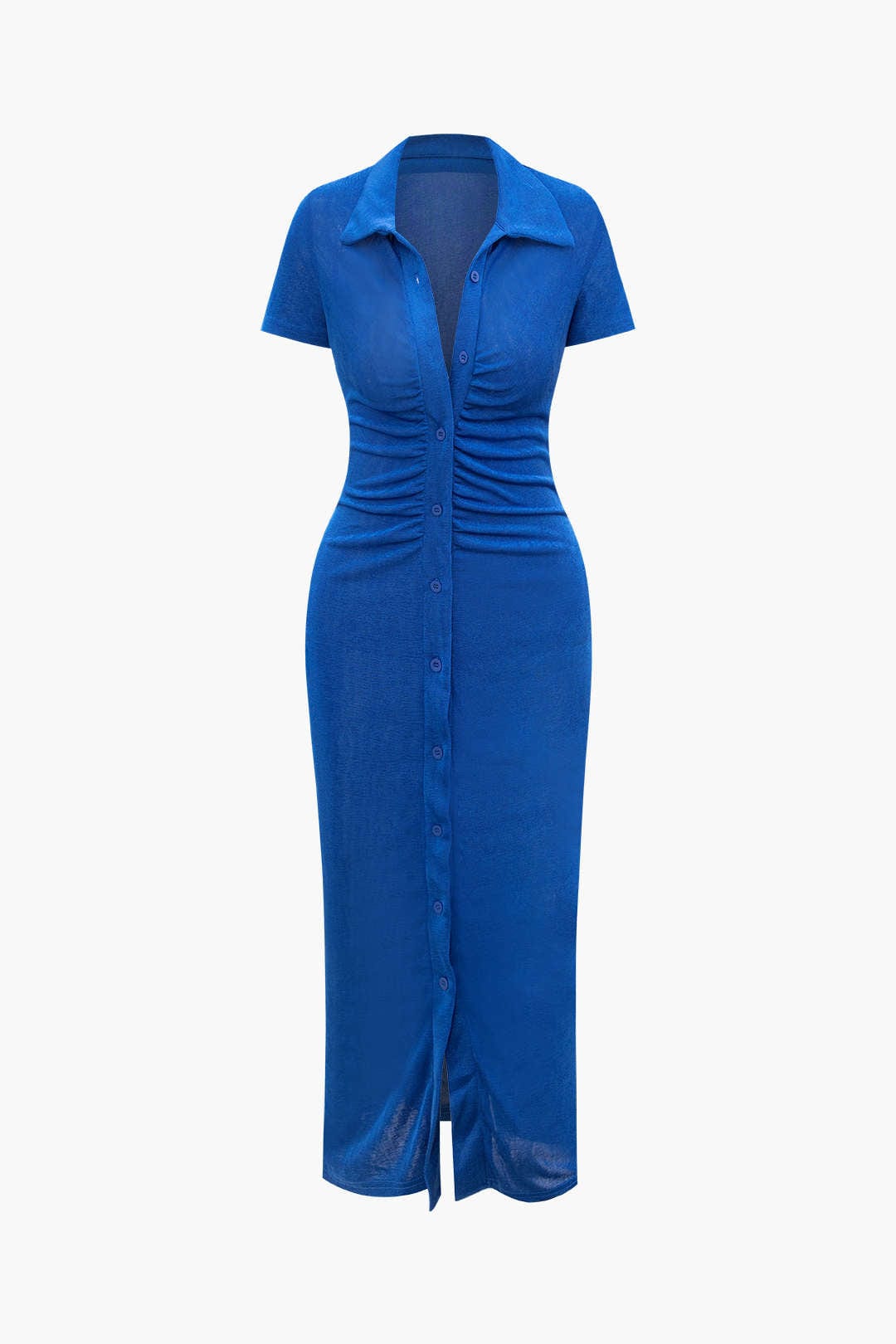 Moon 45 BLUE / 2XS Solid Ruched Button Up Collar Midi Dress