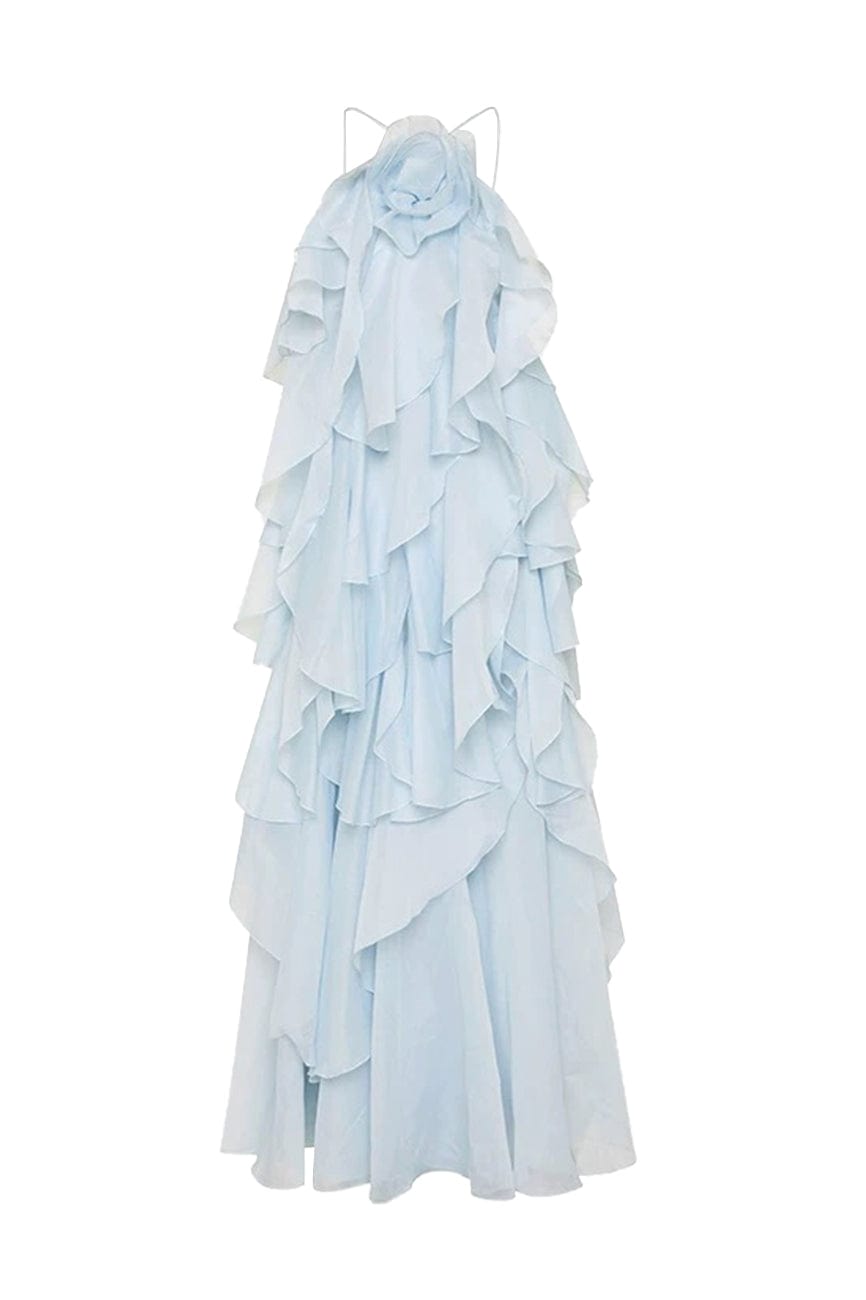 Moon 45 Blue / S Ruffle Floral Lightweight Loose Tie-Back Backless Midi Dress