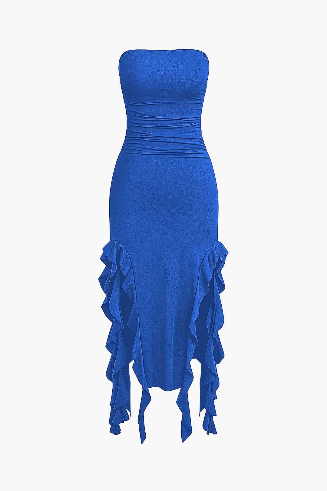 Moon 45 BLUE / S Solid Ruffle Hem Ruched Tube Maxi Dress