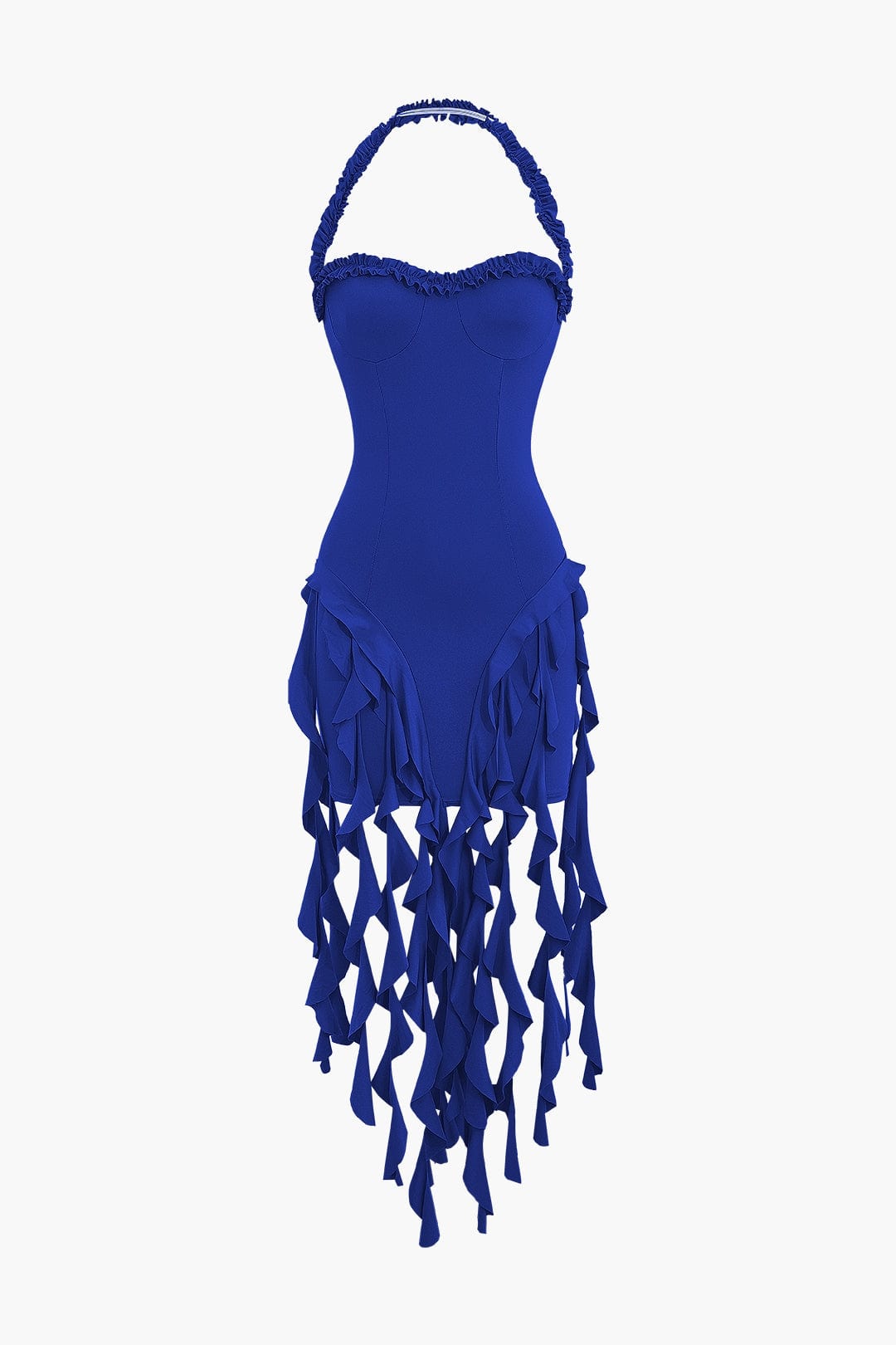 Moon 45 BLUE / XS Ruffle Tassel Halter Bustier Mini Dress