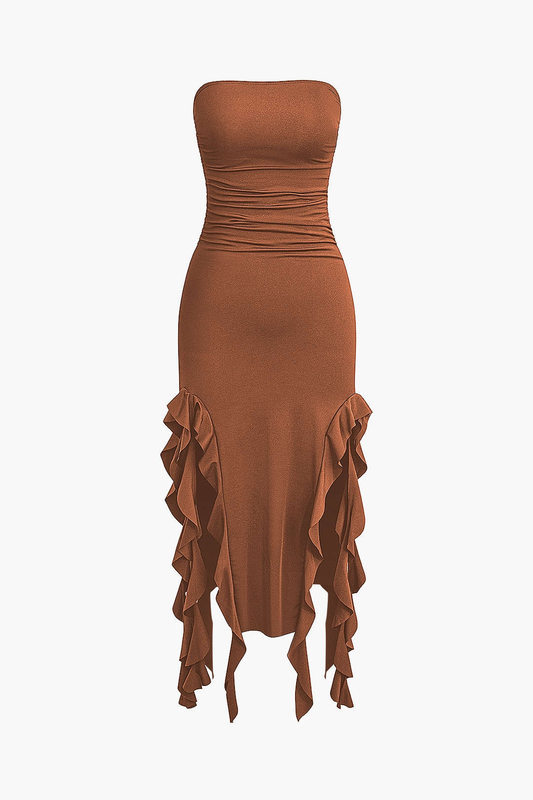 Moon 45 BROWN / S Solid Ruffle Hem Ruched Tube Maxi Dress