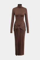 Moon 45 Brown / S Wrap Ruched High Neck Long Sleeve Maxi Dress