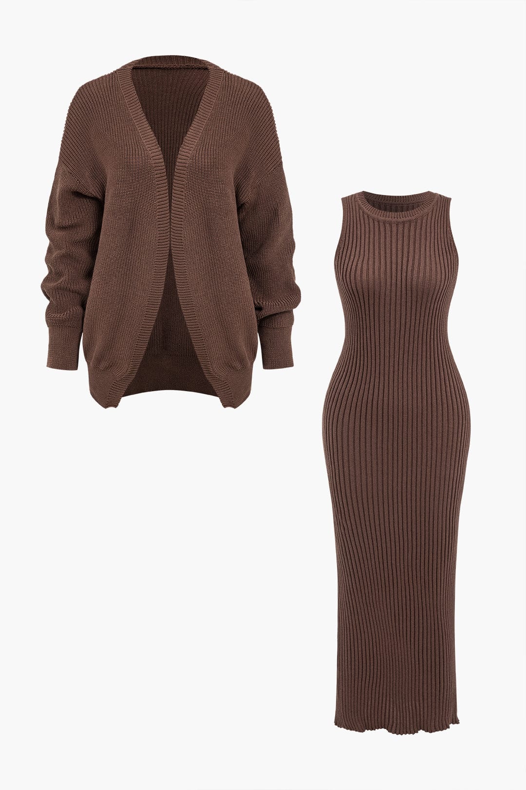 Moon 45 Brown / XS Ribbed Knit Dress And Cardigan Set