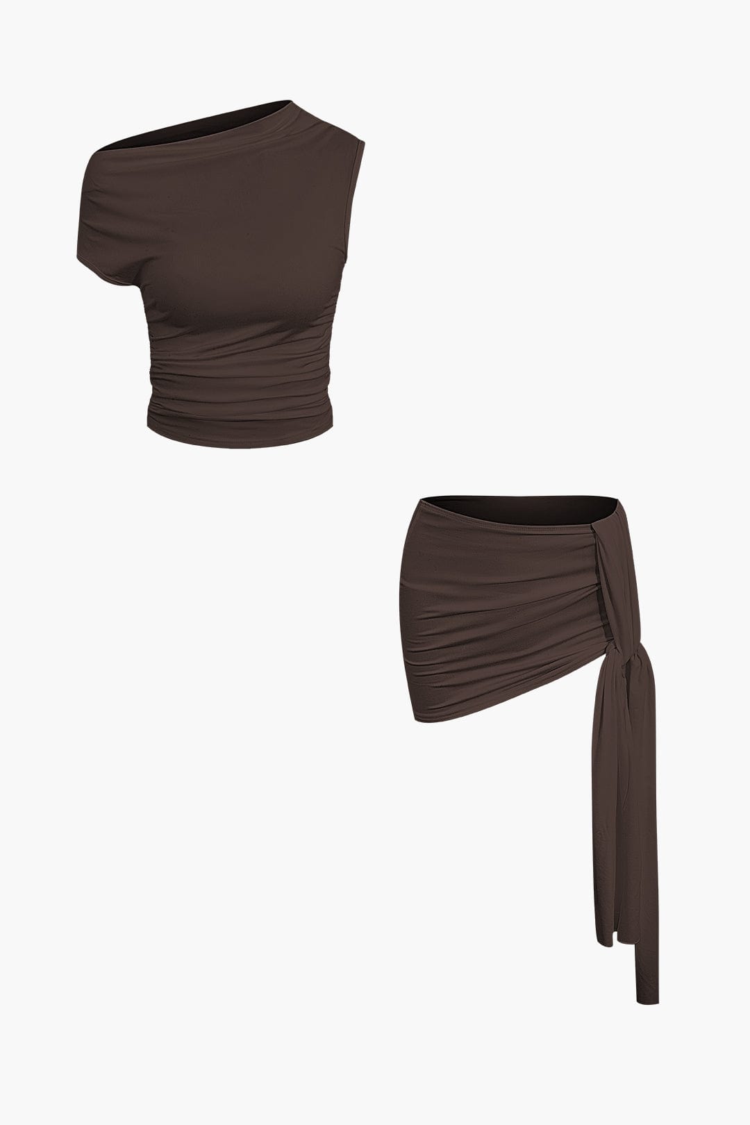 Moon 45 BROWN / XS Ruched Crop & Tie Skirt Set