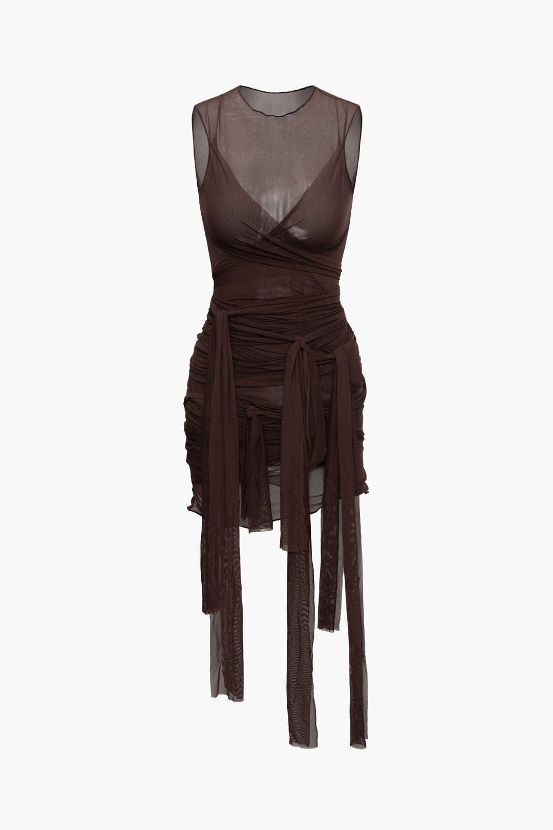 Moon 45 BROWN / XS Sheer Mesh Wrap Tie Ribbon Mini Dress