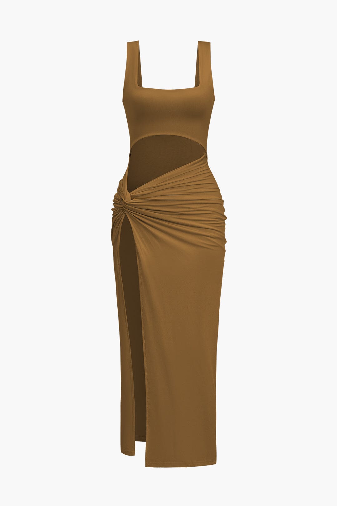 Moon 45 BROWN / XS Solid Twist Front Cut Out Slit Midi Dress