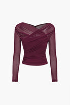 Moon 45 BURGUNDY / S Solid Sheer Mesh Ruched Long-Sleeve Top