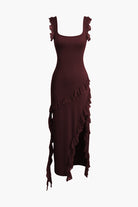 Moon 45 BURGUNDY / XS Ruffle Trim Square Neck Slit Sleeveless Maxi Dress