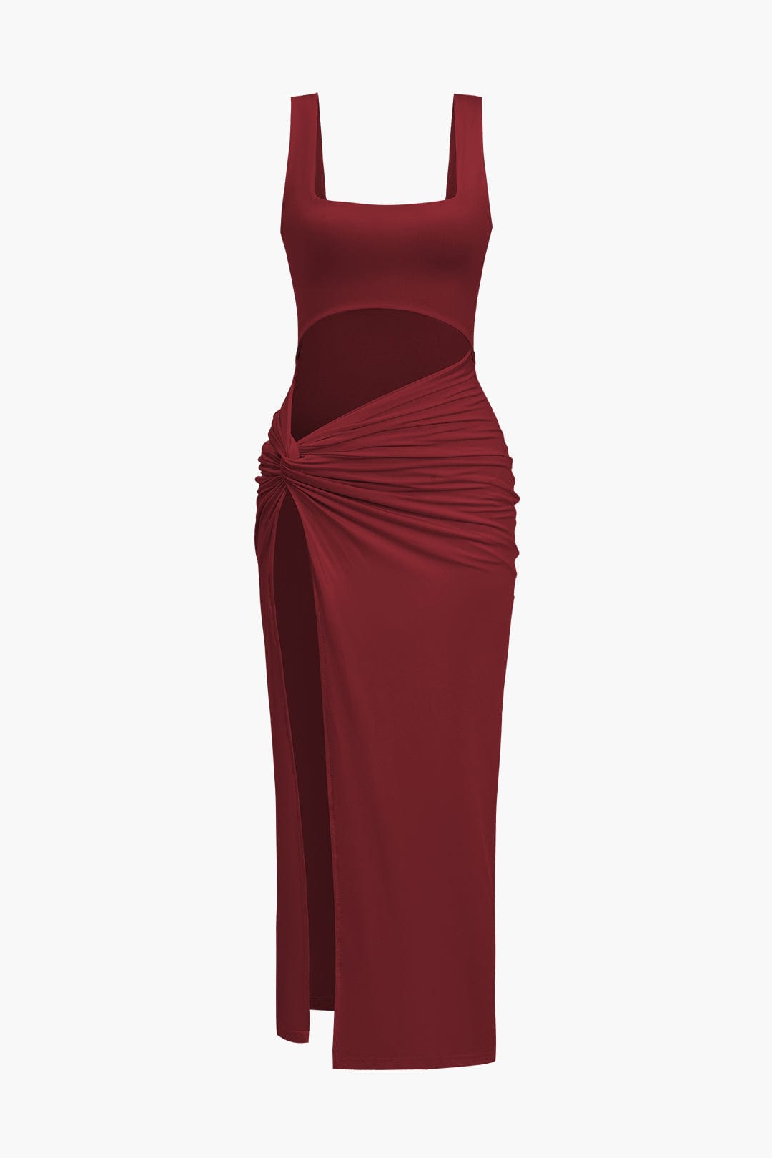 Moon 45 BURGUNDY / XS Solid Twist Front Cut Out Slit Midi Dress