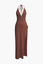 Moon 45 CHOCOLATE / XS 3D Floral V-Neck Backless Slit Maxi Dress